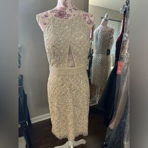 💖Aidan Mattox Champagne Beaded Halter Cocktail Party Holiday New Year Dress 10